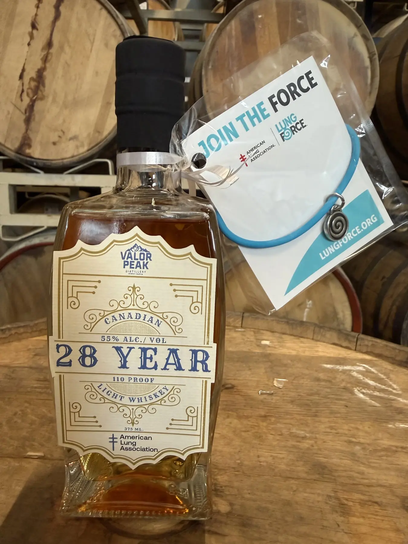 American Lung Association Charity Bottle bottle photographed in the Valor Peak barrel room